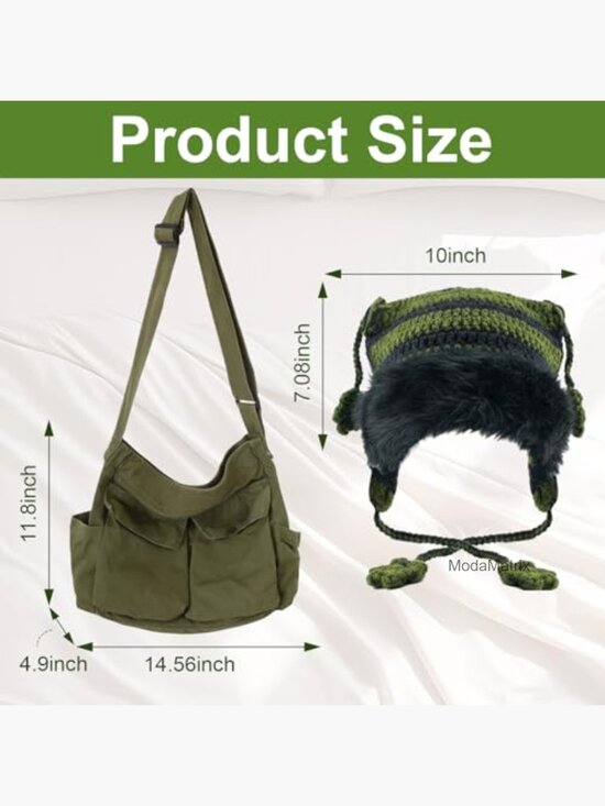 2-Piece Grunge Set: Cat Ear Beanie and Messenger Bag, Knit Hat & Canvas main image 5